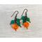 Pumpkin earrings with green cascading wire wrapped leaves