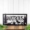 Rectangular metal family name sign with moose and mountains, in matte black powder coat.