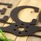 Close up of pilot family name metal sign with propeller, in copper vein powder coat.