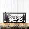Rectangular personalized metal family name sign, with pine trees and mountain range, in matte black powder coat.