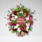 Festive Merry Christmas wreath featuring a plaid ornament centerpiece, vibrant red berries, white mesh ribbons, and lush greenery.