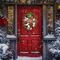 Merry Christmas wreath with plaid ornament, red berries, and white ribbons hanging on a red front door in a snowy holiday scene.