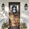 Classy Halloween porch decor featuring a handmade boho fall wreath. Silver disco pumpkins with dark foliage, perfect for upscale decorating.
