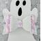 White glitter bow with pink & white ghost design, with very light pink lace ribbon. Bow is approx. 5 x 2 1/2. Bow is sold individually.