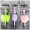 Photo of 3 different colored rainbow beaded faux fur pens. From left to right: Green, lilac, and peach. Pens are sold individually