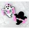Front/back detail of White & black ghost shaped bow, w/ pink glitter spider web design. Ghost is wearing tiny pink bow. Sold Individually.