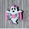 White & black ghost shaped bow, w/ pink glitter spider web design. Ghost is wearing tiny pink bow.  Bow is approx. 3 x 3. Sold Individually.