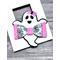 White & black ghost shaped bow, w/ pink glitter spider web design. Ghost is wearing tiny pink bow.  Bow is approx. 3 x 3. Sold Individually.