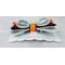 Side view of all 4 layers of Teal & black Halloween print hair bow with loops of orange ribbon. 4 layers total. Bow is sold individually. 