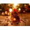 Orange sachet of dried potpourri on a rustic table, surrounded by festive decor and warm holiday lights in a cozy atmosphere.