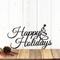 Happy Holidays metal wall art with Christmas tree, in matte black powder coat.