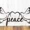 Close up of peace script lettering on our peace doves metal sign, in copper vein powder coat.