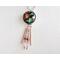 Dichroic glass pendant: metallic hues of copper, green, red with copper seed beads on wire dangle from the bottom of pendant on copper chain
