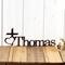 Personalized metal name plaque with a cross and heart, in copper vein powder coat.