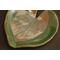 6x6" heart shaped plate with Hosta plant texture. Glazed with a dark green rim and a mixture of blue and grey throughout the middle. 