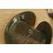6x6" heart shaped plate with Hosta plant texture. Glazed with a dark green rim and a mixture of blue and grey throughout the middle. 