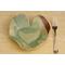 Bride & Groom's Table ceramic heart shaped dinner plate set with Hosta plant texture. Glazed in teal with maroon on adjacent edges. 8"x9"