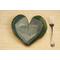 Heart shaped plate with Hosta plant texture. Glazed with a dark green rim and a mixture of blue and grey throughout the middle 8"x9"