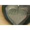 Heart shaped plate with Hosta plant texture. Glazed with a dark green rim and a mixture of blue and grey throughout the middle 8"x9"