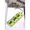 Front of bookmark with lime green background, black handwritten lettering, starfish, turtles and jute rope tassel.