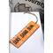 Front of bookmark with orange background, black handwritten lettering, black and white dot art, turtles and starfish.  Jute rope tassel.