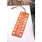 Front of bookmark  - orange background, hand painted paw print along sides, various dot art designs top, middle & bottom.  Jute rope tassel