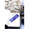 Front of bookmark, royal blue background, handwritten white lettering, various dot art designs and jute rope tassel.