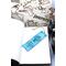 Front of bookmark, light blue background, handwritten lettering in black, white and black dot art designs and jute rope tassel.