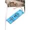 Front of bookmark, light blue background, handwritten lettering in black, white and black dot art designs and jute rope tassel.