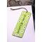 Front of bookmark, lime green background, handwritten black lettering, white and black dot art flowers, jute rope tassel.