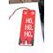 Front of bookmark, red background, snowflakes, Christmas Trees, snowman, handwritten white lettering and jute rope for tassel.