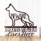 Close up of German Shepherd Lives Here Metal Sign with Beware, in copper vein powder coat.
