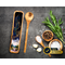 Handcrafted olive wood spoon rest with resin mountain stream scene and 24k gold accents.