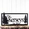 Rectangular family last name and established year metal sign with pine trees, in matte black powder coat.