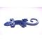 Close up side view of 3D printed blue salamander with hand painted white dot art