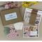 Card making kit with gold foil floral patterned scrapbook paper, pink cardstock, pink flowers, green ribbons and off-white Bloom sentiments.