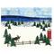 A winter mountain scene created with batik fabrics. It includes a moose, snow on the ground, a fence line and a red silo indicating a barn.