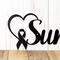 Close up of heart and ribbon on our breast cancer survivor metal sign, in matte black powder coat.