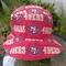 Front top view of bucket hat on stand. Fabric has red and gold SF 49ers logos on red background