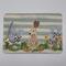 Striped green and white card with watercolor bunny surrounded by beautiful spring flowers accented with shiny paints 