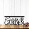 Personalized metal garden hanging sign with first name and bumble bee, in matte black powder coat.
