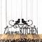 Personalized kitchen name sign with song birds and heart, in matte black powder coat.