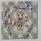 Baby shower card with plaid background featuring baby animals surrounded by blue and yellow flowers and crosses adorned in iridescent paint
