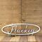 Oval family last name metal sign with script font, in raw steel.