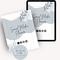 A digital mockup showing a 'Social Media Planner' on a tablet and a printed version. The design has soft gray waves, botanical illustrations