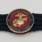 Very thin, flexible and comfortable black US Marine Corps bracelet featuring a 24K gold plated USMC Eagle Globe & Anchor and a Cobra buckle.