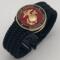 Very thin, flexible and comfortable black US Marine Corps bracelet featuring a 24K gold plated USMC Eagle Globe & Anchor and a Cobra buckle.