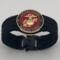 Very thin, flexible and comfortable black US Marine Corps bracelet featuring a 24K gold plated USMC Eagle Globe & Anchor and a Cobra buckle.