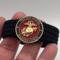 Very thin, flexible and comfortable black US Marine Corps bracelet featuring a 24K gold plated USMC Eagle Globe & Anchor and a Cobra buckle.