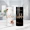 Close-up of “Hubby” on black tumbler with gold accents
“Wifey EST." tumbler in white with gold sparkle detailing
